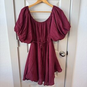 Altar’d State Amabella Puff Sleeve Babydoll Mini Dress In Burgundy Size XL NWT